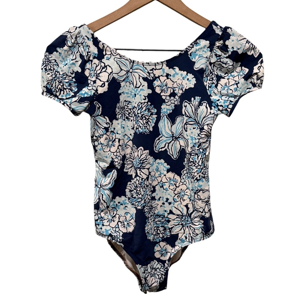 Lilly Pulitzer One Piece Swimsuit Girls 12 Blue Floral Short Puff‎ Sleeve Beach